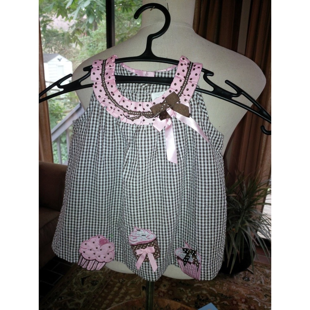 RARE EDITIONS- Girls Brown Gingham Cupcake Dress Pink Ruffle Bow 24M
